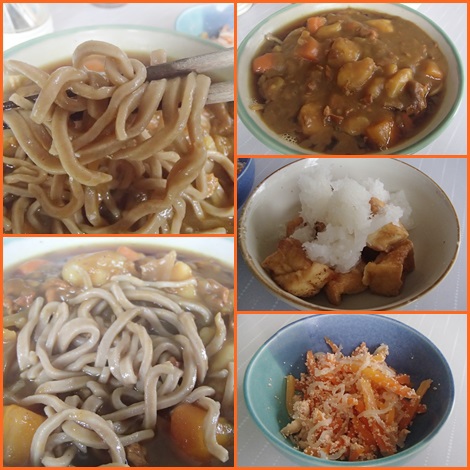手打ちカレー蕎麦・厚揚げ大根おろし・にんじん ささみ 糸こんにゃくのたらこ炒り 手打ちカレー蕎麦・厚揚げ大根おろし・にんじん ささみ 糸こんにゃくのたらこ炒り