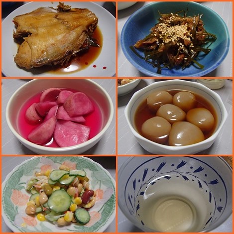 子持ち浅羽かれい煮付・豆ときゅうりとコーンのサラダ・昆布佃煮・玉こんにゃく・梅酒