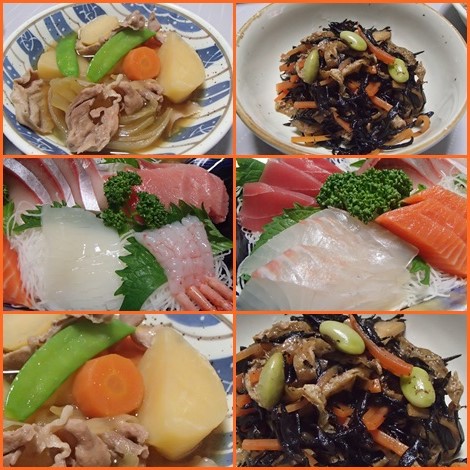 あっさり肉じゃが・ひじきの煮物・刺身盛合せ・かつおと昆布の合わせだし・和食の基本