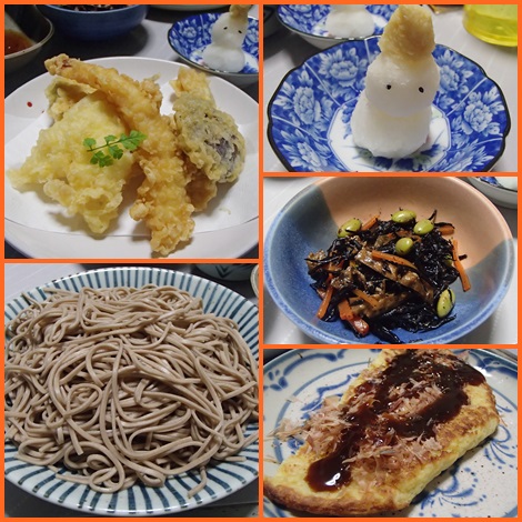 年越そば・天ぷら・ひじきの煮物・長芋のお好み焼き風