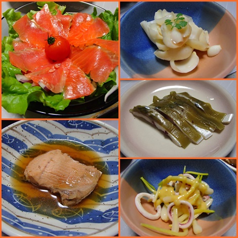 スモークサーモンカルパッチョ・桜ます煮・ゆり根の梅肉和え・しめ鯖・黄きもとといかの辛子酢味噌和え