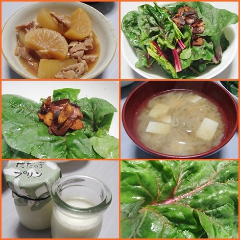 豚バラ大根・サラダほうれん草・もやしとぶなしめじと豆腐の味噌汁