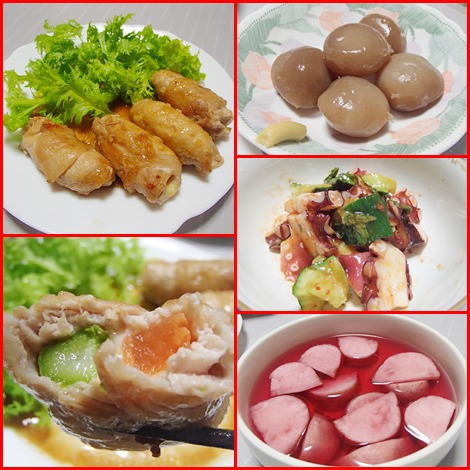 アスパラと人参の肉巻き・玉こんにゃく・たこきゅうりキムチ・温海かぶ漬