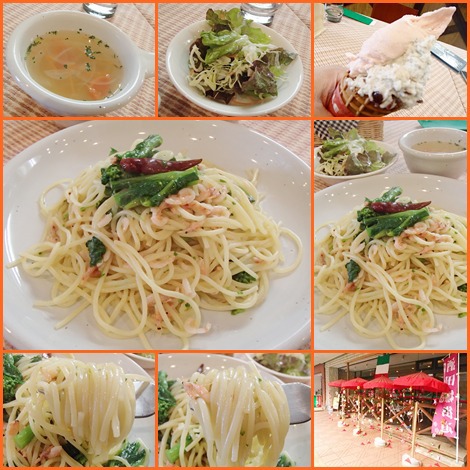 菜の花と桜えびのパスタ・クリームいちご＆草もちのジェラート・カフェ＆ジェラート モアレ・傘福