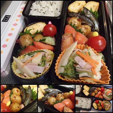 孟宗のサラダ・新じゃが甘辛煮・紅鮭みりん焼・イトヨ佃煮