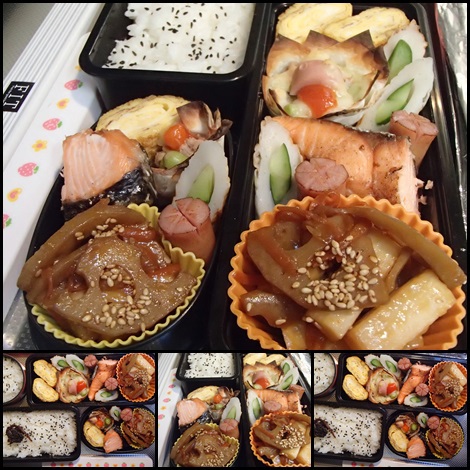 レンコンと長芋の甘辛煮・桜ます焼・青豆とツナのシュウマイの皮包み