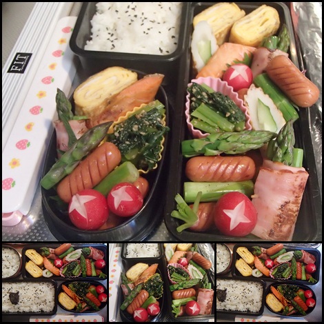 我が家産アスパラ＆ウインナー・ベーコン 紅鮭焼 ラディッシュ お弁当