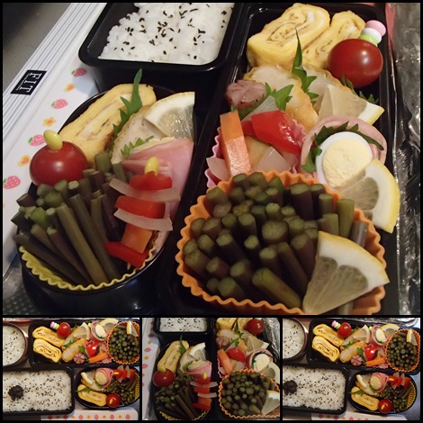 わらびのおひたし・うずらの卵ハム巻・ピクルス・お弁当 わらびのおひたし・うずらの卵ハム巻・ピクルス・お弁当