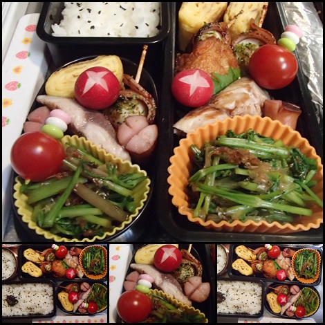 セリのおひたし・さばの塩胡椒焼・ソーセージ＆うずらの卵照り焼き・お弁当
