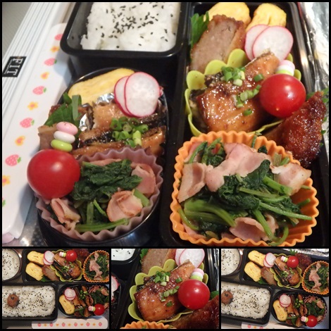 ラディッシュの葉とベーコンの炒め物・いわしの蒲焼・お弁当