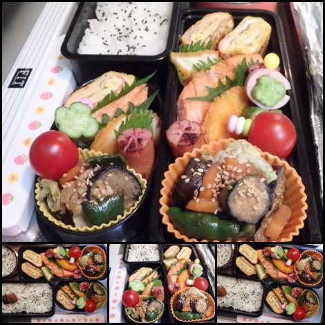 なすとピーマン・人参の甜麺醤＆味噌炒め・銀さけ焼き・鵜渡川原きゅうり浅漬・お弁当