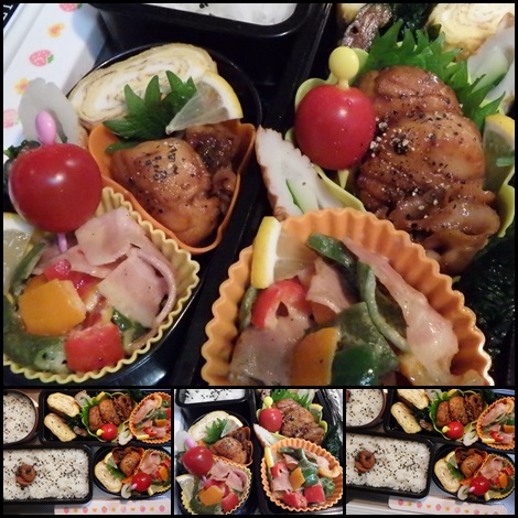 パプリカとピーマンとベーコンの炒め物・ホタテのバター焼き・お弁当