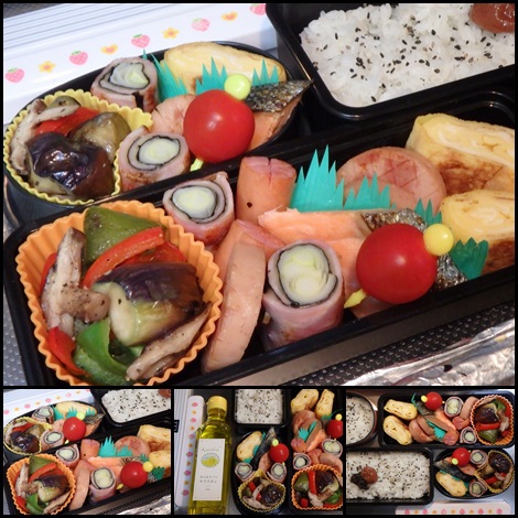茄子・ピーマン・椎茸・パプリカの炒め物 ネギ×チーズ×海苔のベーコン巻き 銀鮭焼 お弁当
