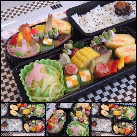 玉ねぎのカレーマリネ 銀さけ焼き ミモレット×サラミチーズのクルクル 枝豆(庄内7号)×ハムのクネクネ お弁当