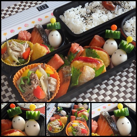 みょうが×えのき×ピーマン×パプリカ×ひき肉の炒め物 うずら王子 チキンナゲット 紅鮭焼 お弁当
