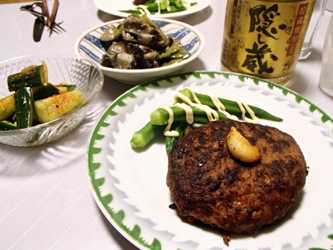 ハンバーグオクラ添え・きゅうり×しょうが・なす×ピーマンの炒め物