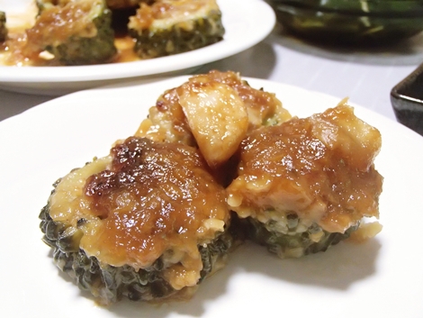 ゴーヤの肉詰め・炙り〆鯖・きゅうりと生姜の酢漬け
