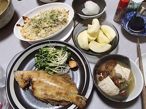 大羽かれい唐揚げ・あさりのグラタン・なめこと豆腐の鍋