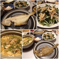 庄内産大羽かれい塩焼・豚キムチ鍋・茗荷×かいわれ×わかめのサラダ・焼き魚の盛り付けと方向（向き）