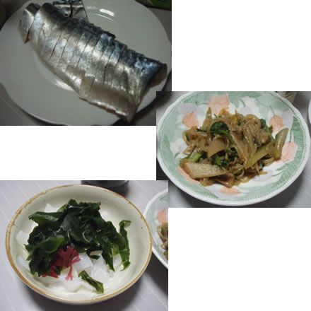 〆サバ・うどのきんぴら・こんにゃくと海草のサラダ<br />
