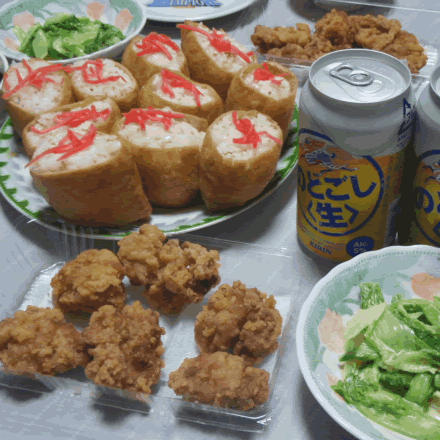 手作りいなり寿司・とり竜田揚げ・白菜の辛子あえ