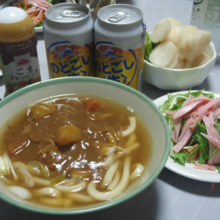 カレーうどん・水菜とカイワレとにんじんとハムのサラダ
