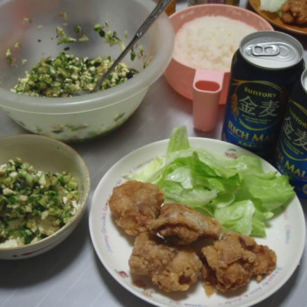 とり唐揚げ・スタミナ源たれで下味・山形のだしがけ豆腐