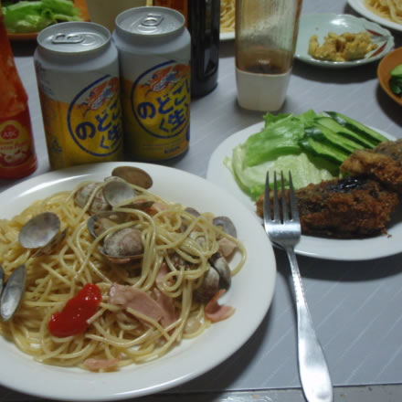 ヴォンゴレ ビアンコ・茄子のひき肉はさみ揚げ・小玉すいか