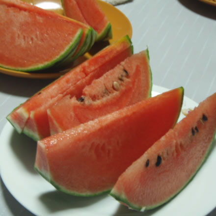 ヴォンゴレ ビアンコ・茄子のひき肉はさみ揚げ・小玉すいか