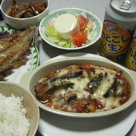 茄子のミートグラタン・かれい塩焼き・豆腐のサラダ・あんこのせ