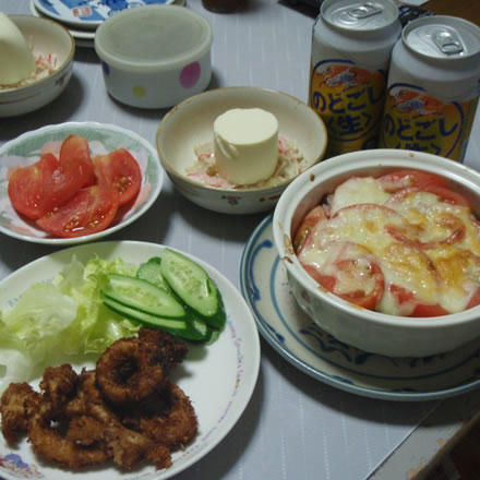茄子とトマトのグラタン・いかリングフライ・アンデスメロン