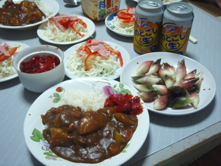 自畑産茗荷・水曜カレー・キャベツとパプリカとハムのサラダ