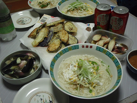 温麺・秋茄子天・茄子と茗荷・KIRIN_香りまっこい梅酒ソーダ割り