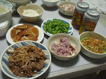 もって菊・牛肉とえのきの煮込み・さつま揚げ・昨日の残り物