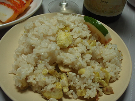 もって菊なめこ・栗ご飯・いかスタミナ焼き・アルザスワイン(残り)