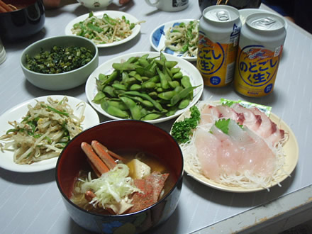 女がにの味噌汁・庄内浜の魚の刺身・枝豆(秘伝)・新高梨