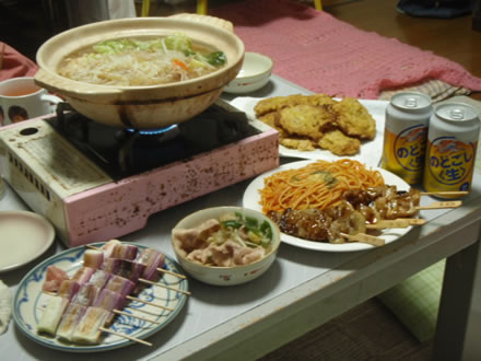 十四代・もやし鍋・平田赤ねぎ・スパゲティ・焼鳥・黄菊の天ぷら