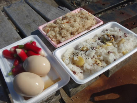 菅生ぶかし・味付け卵双子ちゃん・栗入り赤飯・ちび赤大根