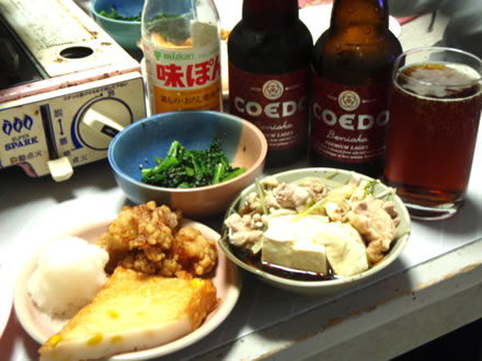 湯豆腐・とり肉・水菜・ポン酢・春菊のごま和え・コエドビール・COEDO BEER・紅赤