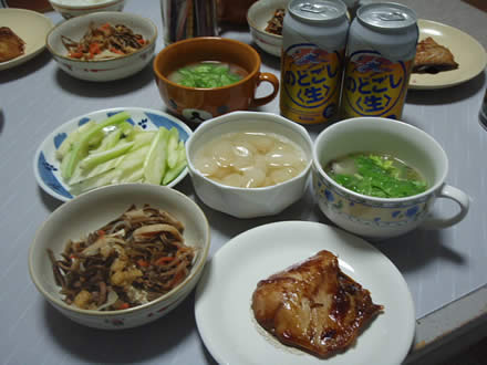 ぜんまいの煮物・さば味噌焼・セロリ・とちおとめ・シベールのバームクーヘン