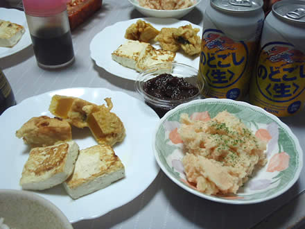 たらこポテトサラダ・タマモサラダ・豆腐田楽にんにく味噌・かぼちゃ天