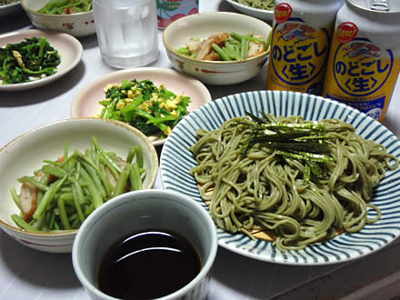 茶そば・茶蕎麦・宇治抹茶・みずの煮物・ほうれん草卵炒め