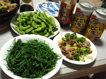 初物・枝豆・おかひじきのおひたし・牛肉野菜炒め・辛味家