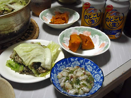キャベツと挽肉の重ね蒸し・たこわさ・かぼちゃの煮物・エビチリ・にんにく醤油