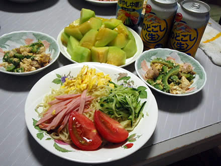 冷やし中華・ゴーヤチャンプルー・きゅうりともろみ・庄内産メロン