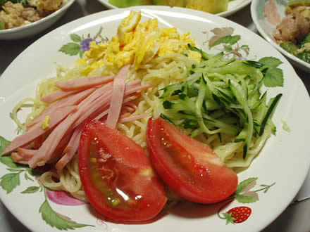 冷やし中華・ゴーヤチャンプルー・きゅうりともろみ・庄内産メロン
