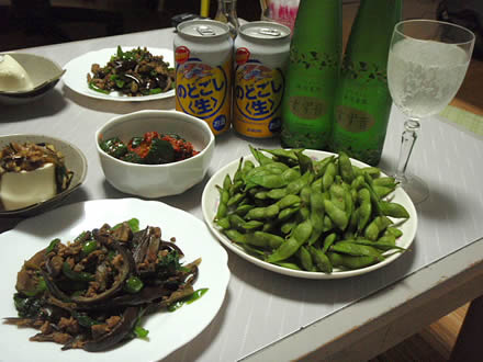 だだちゃ豆・すず音・茄子とピーマンと挽肉の炒め物・山形のだし・オイキムチ