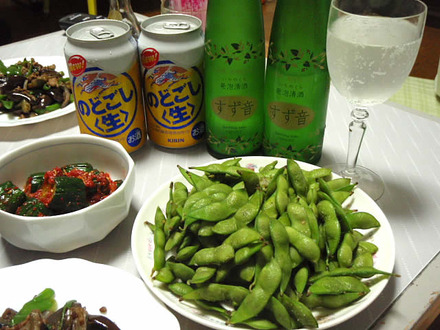 だだちゃ豆・すず音・茄子とピーマンと挽肉の炒め物・山形のだし・オイキムチ