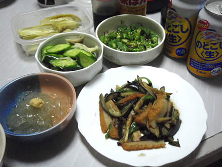 幸水梨・茄子とピーマンとさつま揚げ・オクラ・ところてん・きうり・茗荷