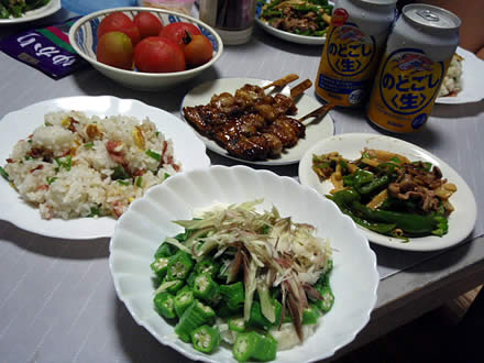 オクラ・みょうが・長芋・焼鳥・ピーマンと筍と豚肉の炒め物・炒飯・幸水梨